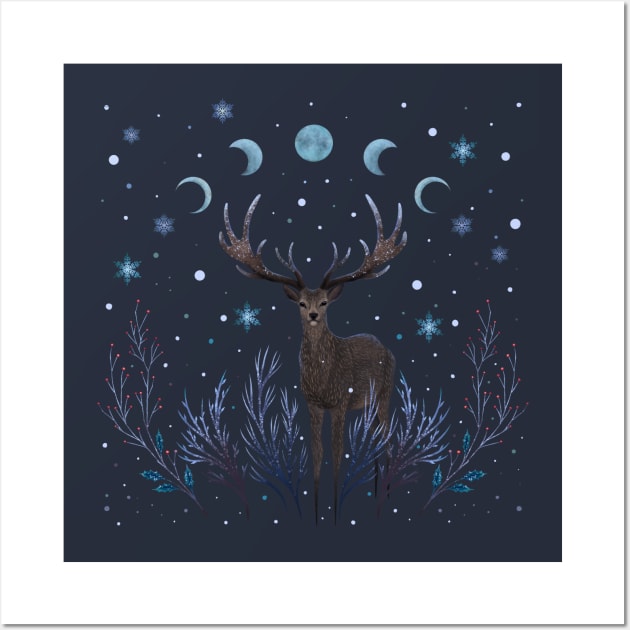 Deer in Winter Night Forest Wall Art by Episodic Drawing